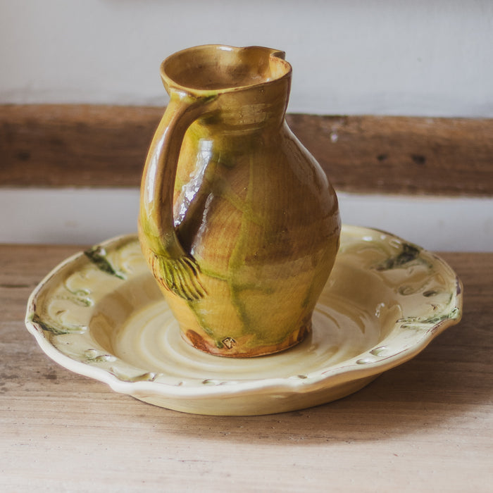 Vintage French Glazed Terracotta Jug – Ochre, Olive & Rust Studio Pottery