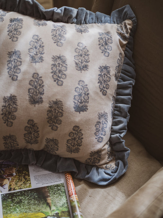 Artisan Floral Block-Printed Cushion with Velvet Ruffle - Colour: Denim (1 of 4)