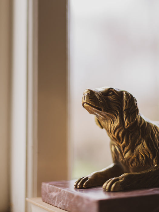 A 19th Century Gilt Bronze Study of a Reclining Labrador Dog on a Rouge Marble Base