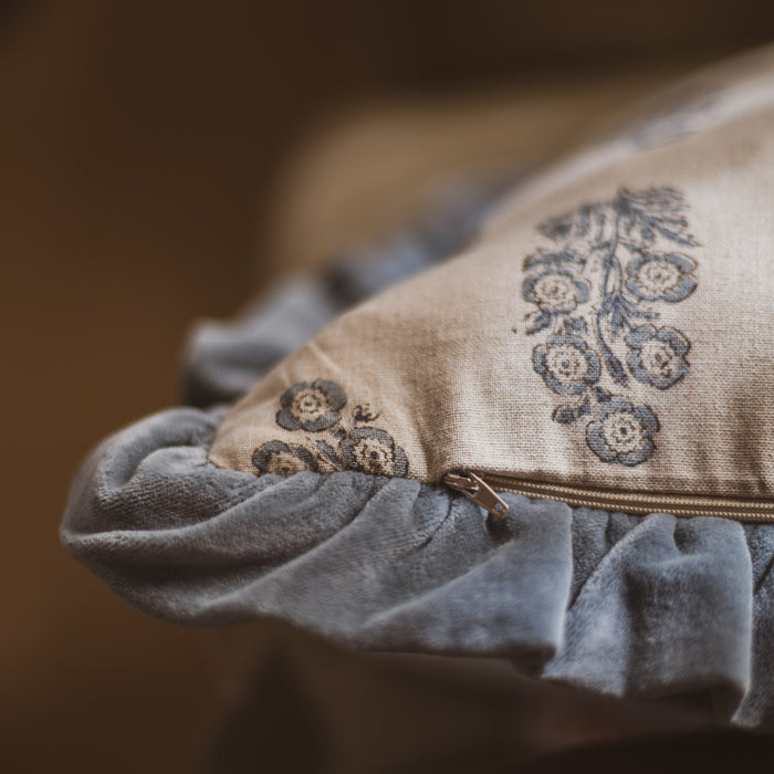 Artisan Floral Block-Printed Cushion with Velvet Ruffle - Colour: Denim (1 of 4)
