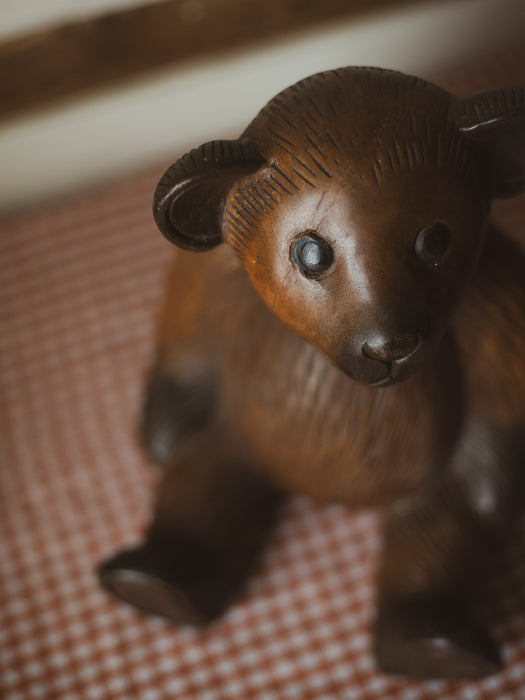 Vintage Folk Art Wooden Bear - Hand-carved, Seated