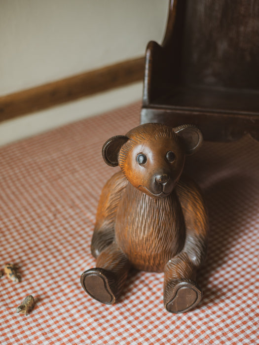 Vintage Folk Art Wooden Bear - Hand-carved, Seated