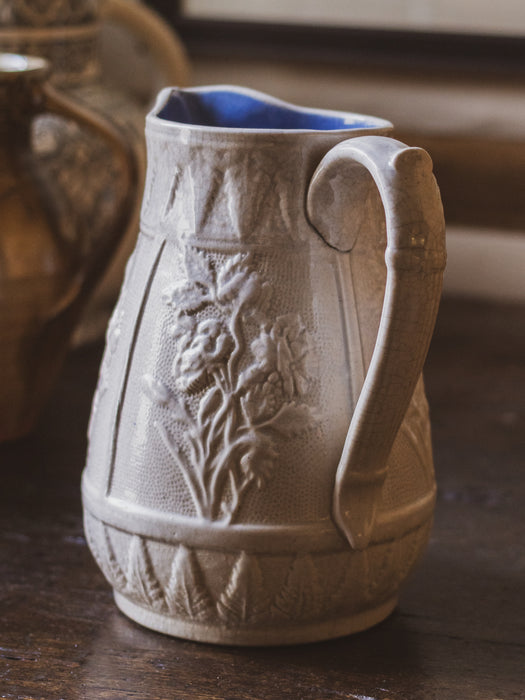 Antique Victorian Salt-Glazed Jug with Cornflower Glazed Interior