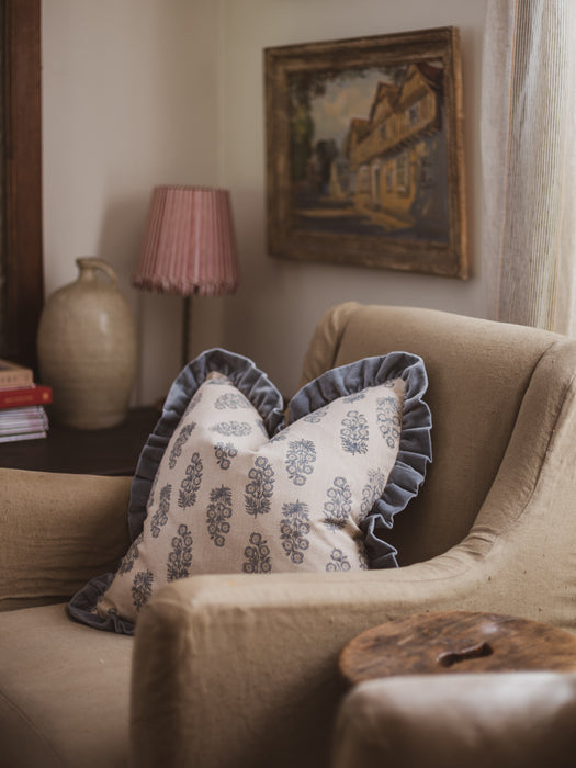 Artisan Floral Block-Printed Cushion with Velvet Ruffle - Colour: Denim (1 of 4)