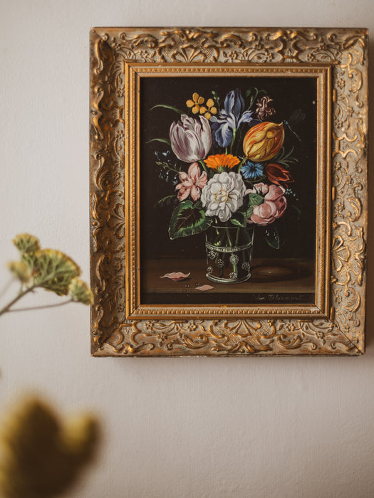 Vintage Floral Still Life Oil Painting by Frederick Van Bloemart (b.1919) - Ornate Gilt Framed Wall Art