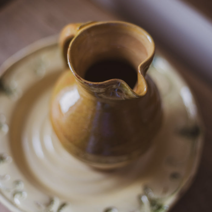 Vintage French Glazed Terracotta Jug – Ochre, Olive & Rust Studio Pottery