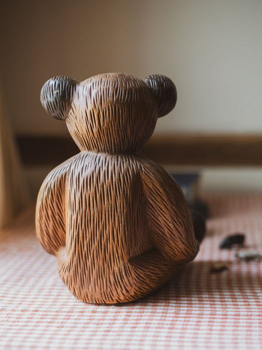 Vintage Folk Art Wooden Bear - Hand-carved, Seated
