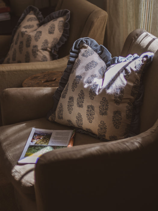 Artisan Floral Block-Printed Cushion with Velvet Ruffle - Colour: Denim (1 of 4)