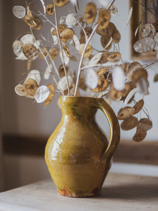 Vintage French Glazed Terracotta Jug – Ochre, Olive & Rust Studio Pottery