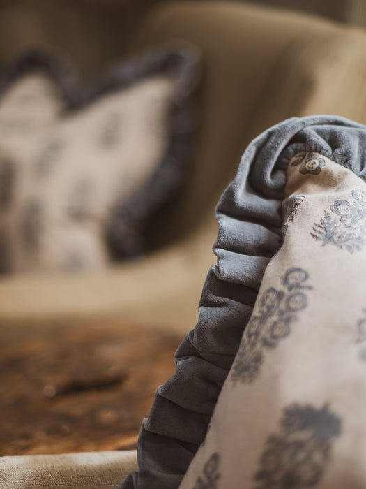 Artisan Floral Block-Printed Cushion with Velvet Ruffle - Colour: Denim (1 of 4)