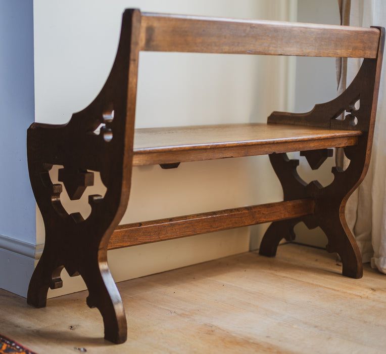 Small Early 20th Century Arts & Crafts Oak Hall Bench - Gothic Revival Window Seat c. 1900-1920