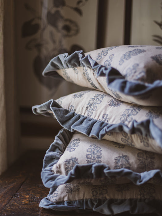 Artisan Floral Block-Printed Cushion with Velvet Ruffle - Colour: Denim (1 of 4)