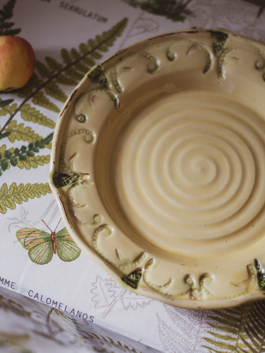 Vintage French Buttermilk Yellow Earthenware Centrepiece Plate with Relief Rim