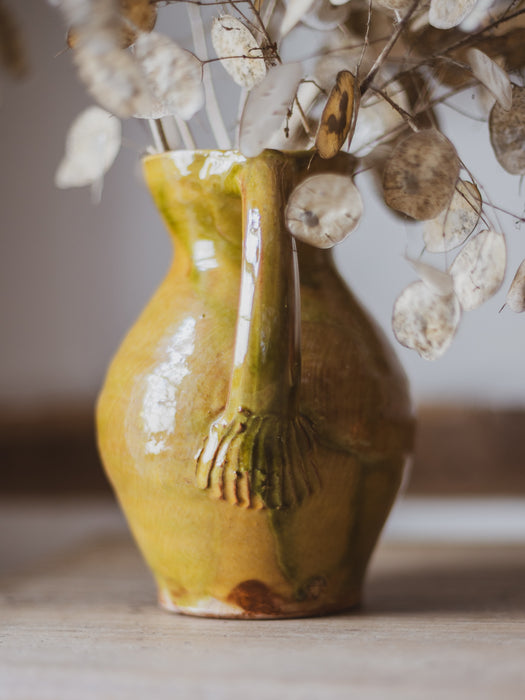 Vintage French Glazed Terracotta Jug – Ochre, Olive & Rust Studio Pottery