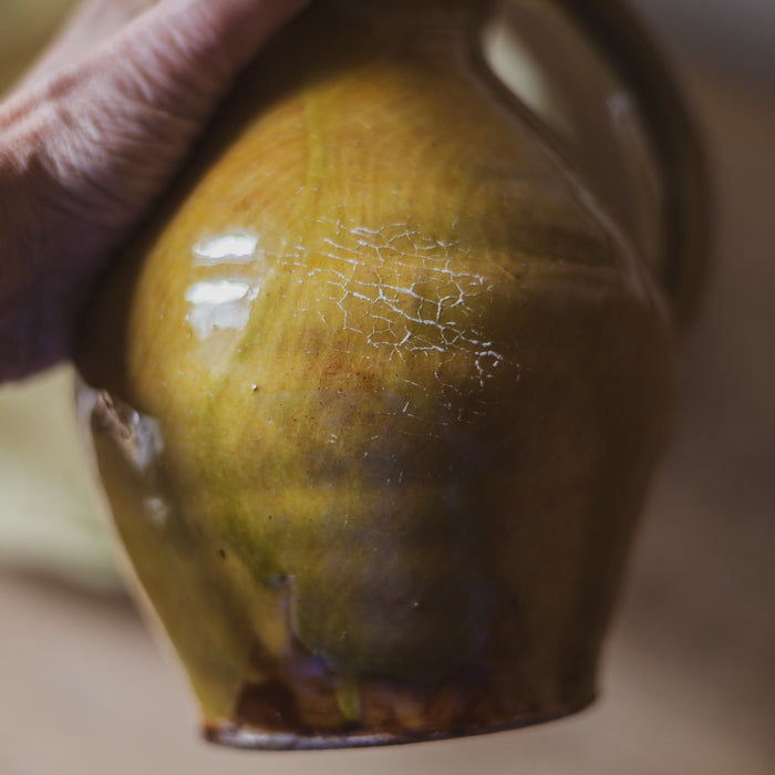 Vintage French Glazed Terracotta Jug – Ochre, Olive & Rust Studio Pottery