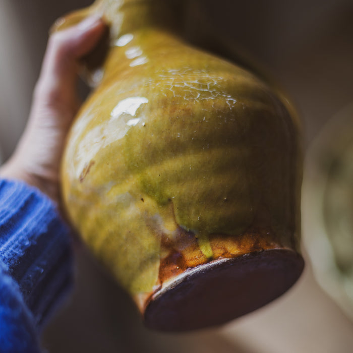 Vintage French Glazed Terracotta Jug – Ochre, Olive & Rust Studio Pottery