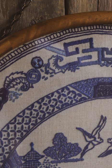 Vintage Hand-Embroidered “Willow Pattern” Framed Artwork