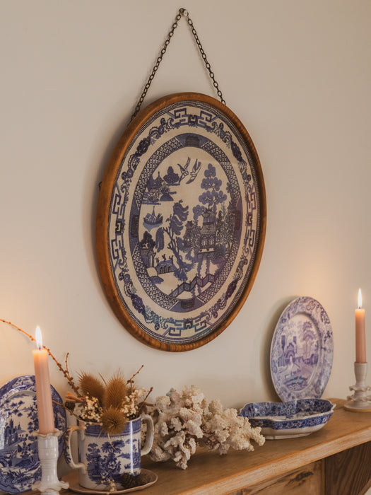 Vintage Hand-Embroidered “Willow Pattern” Framed Artwork