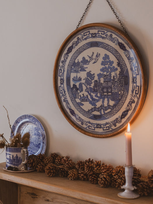 Vintage Hand-Embroidered “Willow Pattern” Framed Artwork