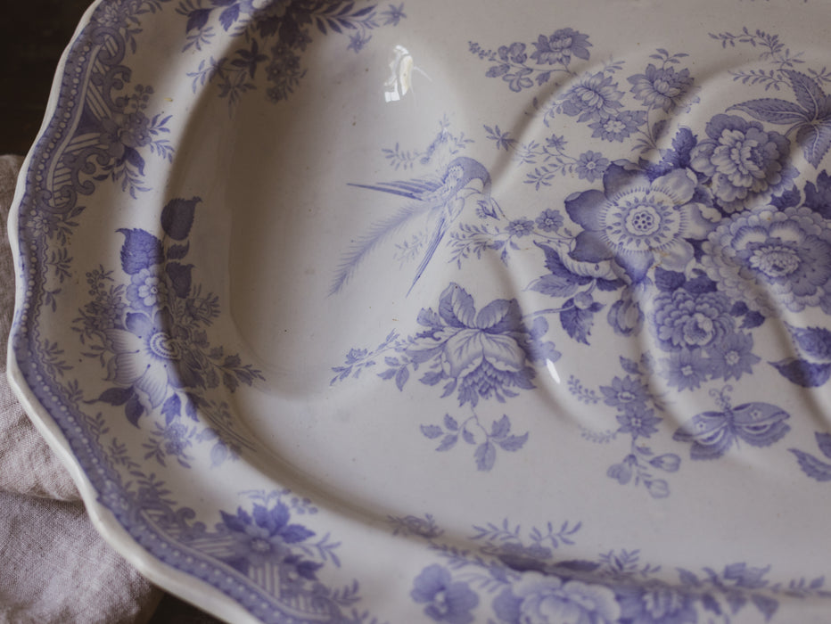 Large Antique English Blue & White 'Asiatic Pheasant' Oval Platter with Sauce Recess by F C & Co - Scalloped Ironstone Serving Dish
