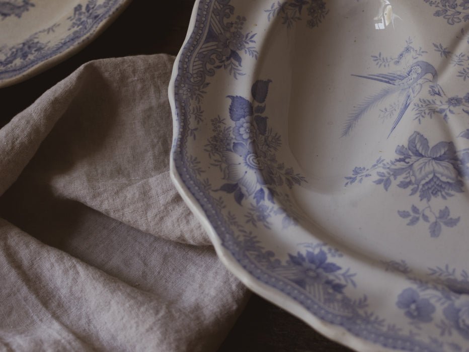 Large Antique English Blue & White 'Asiatic Pheasant' Oval Platter with Sauce Recess by F C & Co - Scalloped Ironstone Serving Dish
