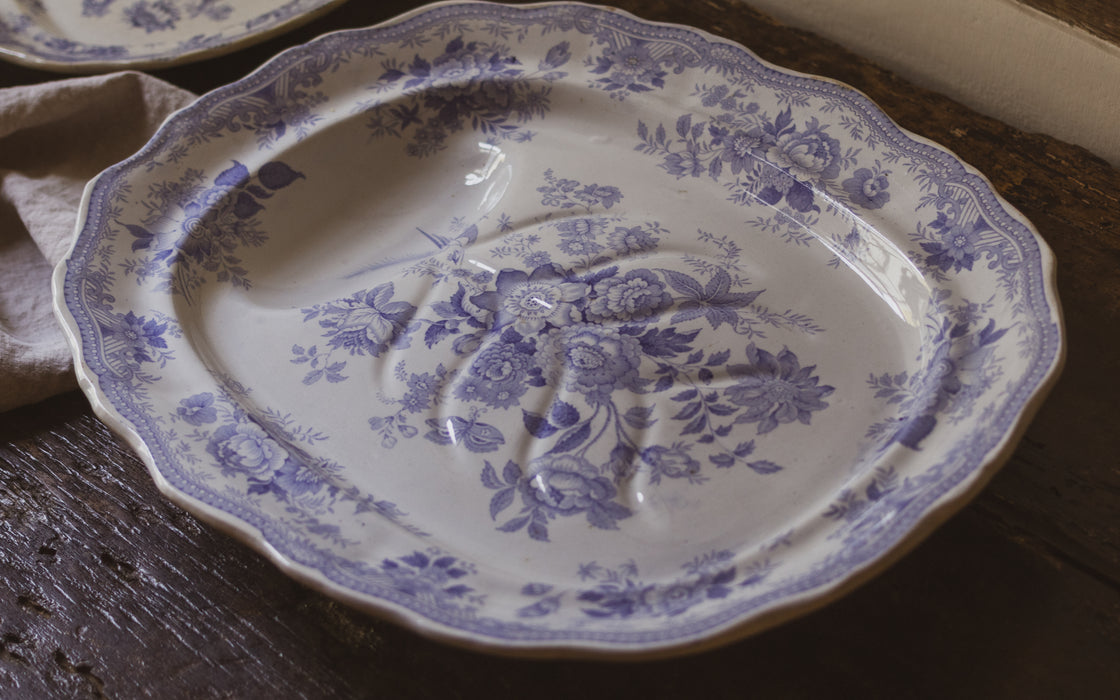 Large Antique English Blue & White 'Asiatic Pheasant' Oval Platter with Sauce Recess by F C & Co - Scalloped Ironstone Serving Dish