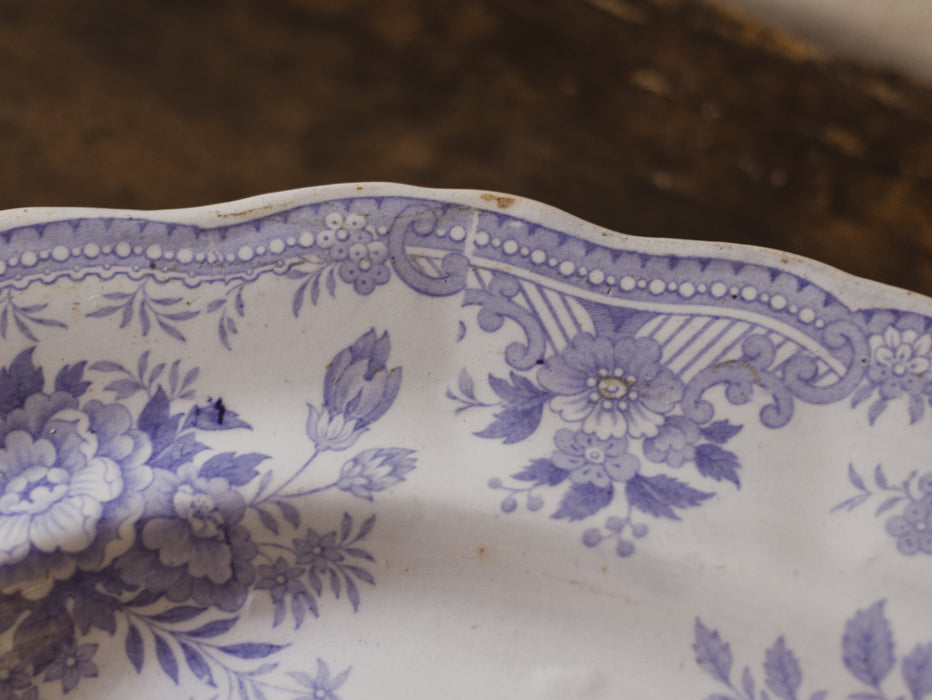 Large Antique English Blue & White 'Asiatic Pheasant' Oval Platter with Sauce Recess by F C & Co - Scalloped Ironstone Serving Dish