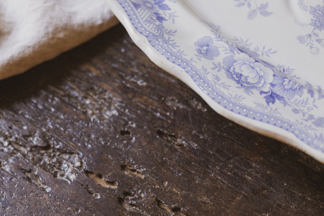 Large Antique English Blue & White 'Asiatic Pheasant' Oval Platter with Sauce Recess by F C & Co - Scalloped Ironstone Serving Dish