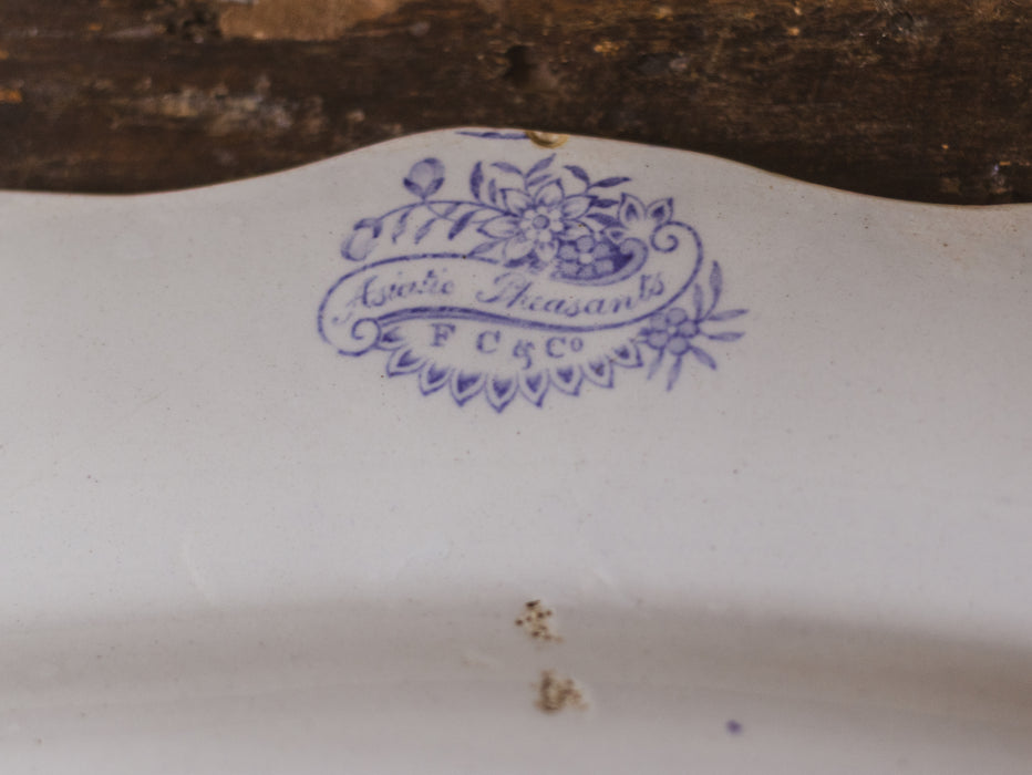Large Antique English Blue & White 'Asiatic Pheasant' Oval Platter with Sauce Recess by F C & Co - Scalloped Ironstone Serving Dish