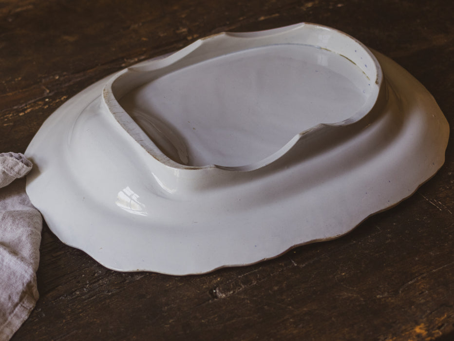 Large Antique English Blue & White 'Asiatic Pheasant' Oval Platter with Sauce Recess by F C & Co - Scalloped Ironstone Serving Dish
