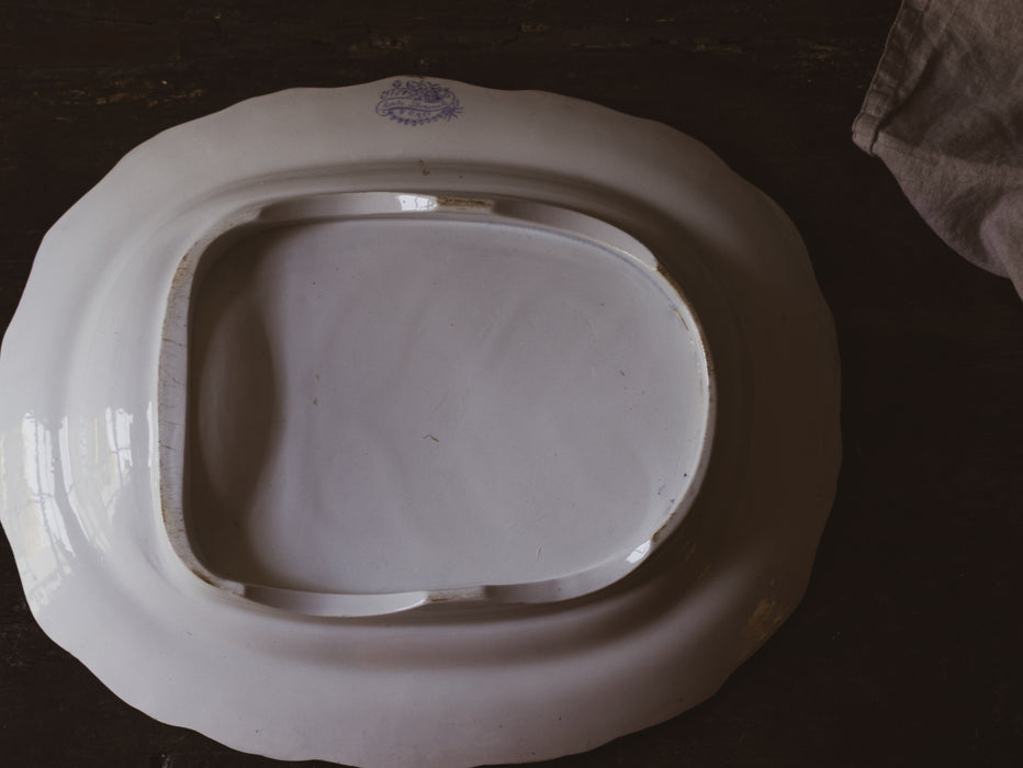 Large Antique English Blue & White 'Asiatic Pheasant' Oval Platter with Sauce Recess by F C & Co - Scalloped Ironstone Serving Dish