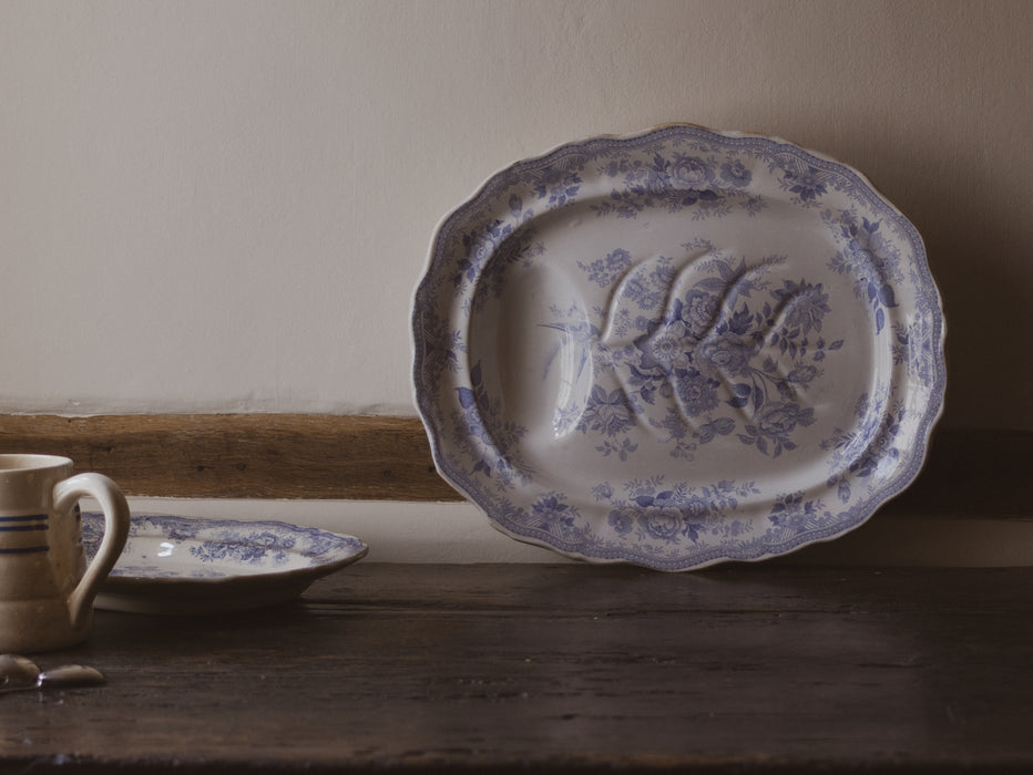 Large Antique English Blue & White 'Asiatic Pheasant' Oval Platter with Sauce Recess by F C & Co - Scalloped Ironstone Serving Dish