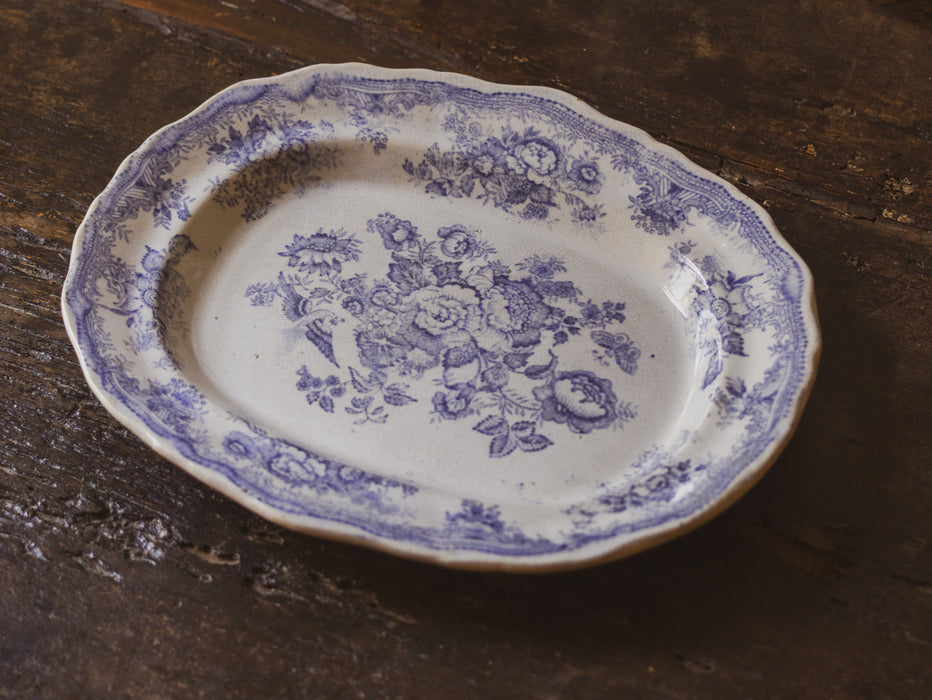 Antique French Blue & White 'Asiatic Pheasant' Oval Platter Ironstone Serving Plate Antique Transferware c.1880