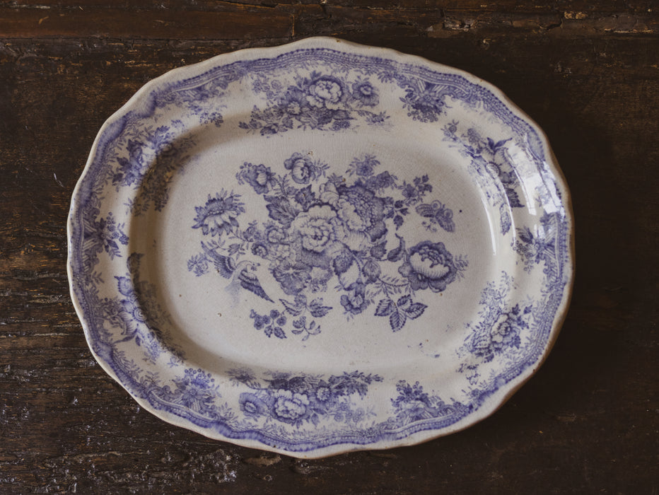Antique French Blue & White 'Asiatic Pheasant' Oval Platter Ironstone Serving Plate Antique Transferware c.1880