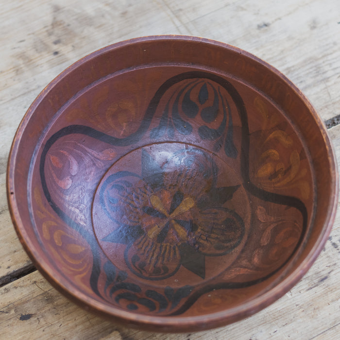 Antique Scandinavian Folk Art Wooden Marriage Bowl – Hand-Painted with Calligraphy