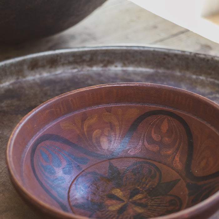 Antique Scandinavian Folk Art Wooden Marriage Bowl – Hand-Painted with Calligraphy
