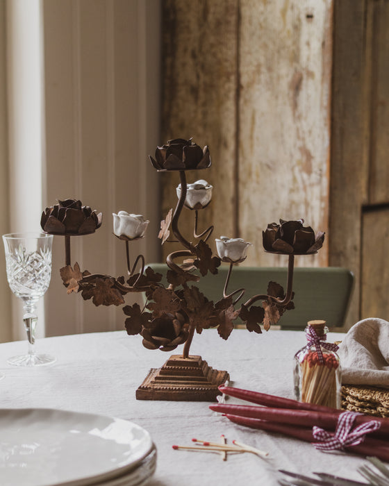 Vintage French Rose Bush Candlestick Holder Candelabra Rusted Metal & White Porcelain Flowers