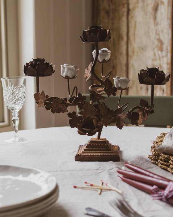 Vintage French Rose Bush Candlestick Holder Candelabra Rusted Metal & White Porcelain Flowers