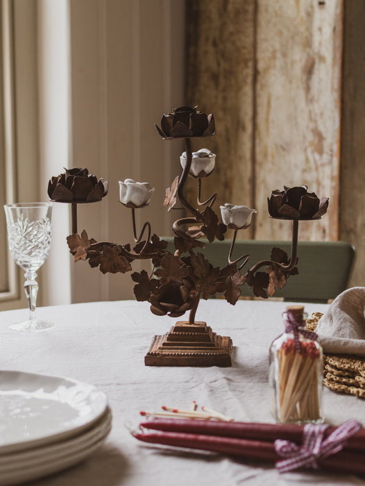 Vintage French Rose Bush Candlestick Holder Candelabra Rusted Metal & White Porcelain Flowers