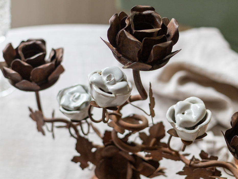 Vintage French Rose Bush Candlestick Holder Candelabra Rusted Metal & White Porcelain Flowers