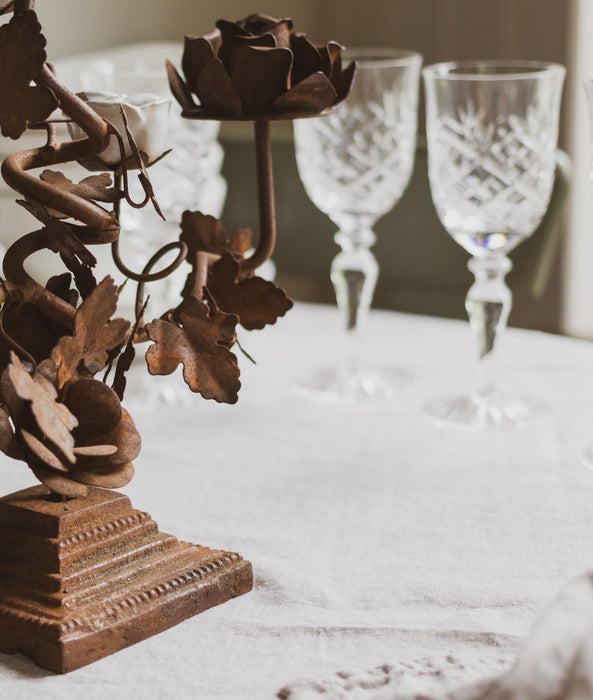 Vintage French Rose Bush Candlestick Holder Candelabra Rusted Metal & White Porcelain Flowers