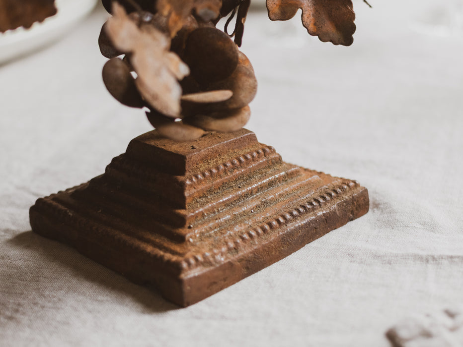 Vintage French Rose Bush Candlestick Holder Candelabra Rusted Metal & White Porcelain Flowers