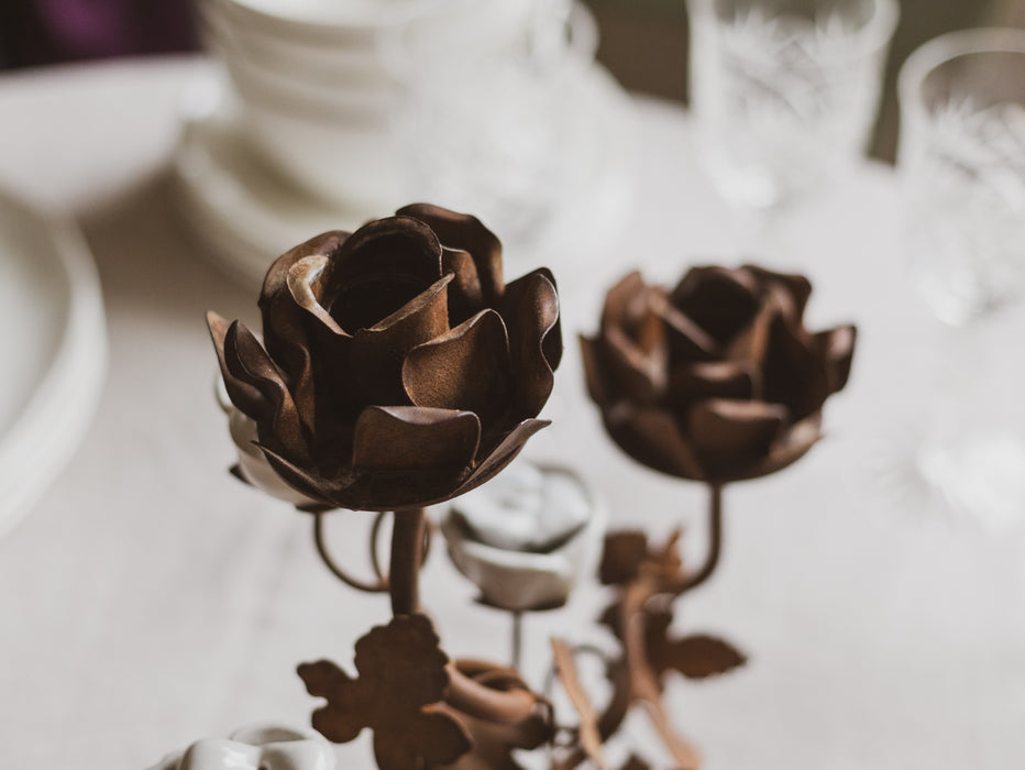 Vintage French Rose Bush Candlestick Holder Candelabra Rusted Metal & White Porcelain Flowers