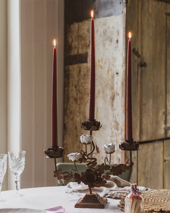 Vintage French Rose Bush Candlestick Holder Candelabra Rusted Metal & White Porcelain Flowers