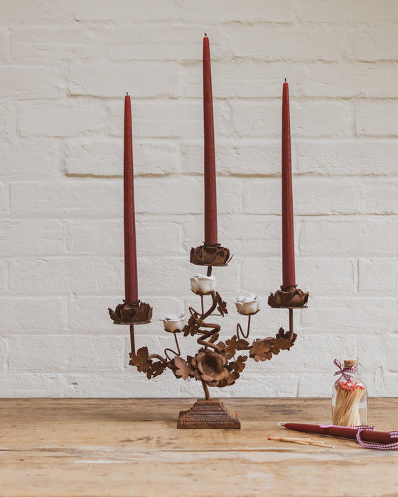 Vintage French Rose Bush Candlestick Holder Candelabra Rusted Metal & White Porcelain Flowers