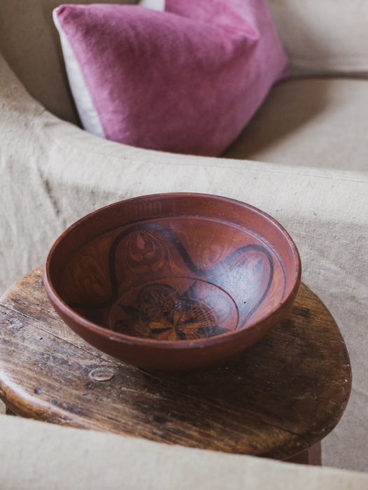 Antique Scandinavian Folk Art Wooden Marriage Bowl – Hand-Painted with Calligraphy