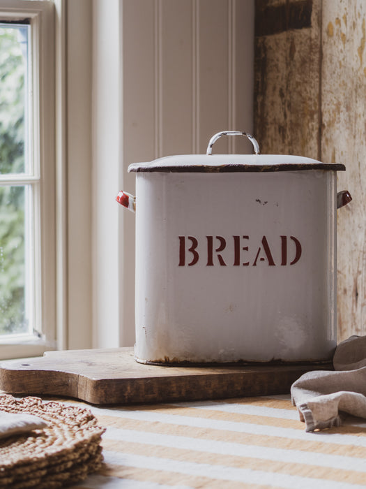 Vintage Large Rectangular White & Red Enamel Bread Bin