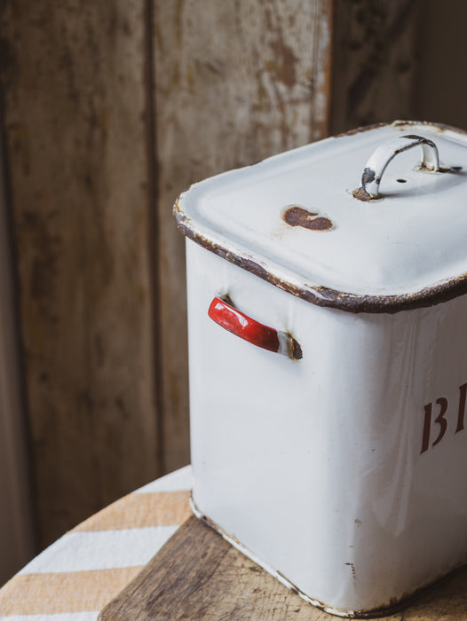 Vintage Large Rectangular White & Red Enamel Bread Bin