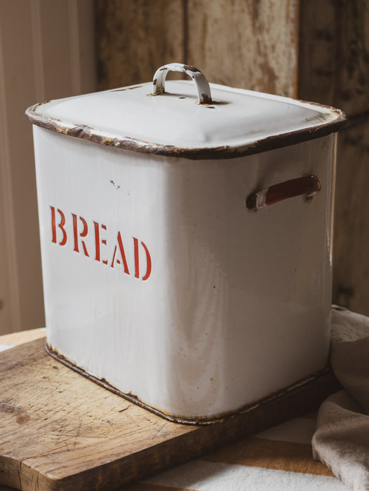 Vintage Large Rectangular White & Red Enamel Bread Bin