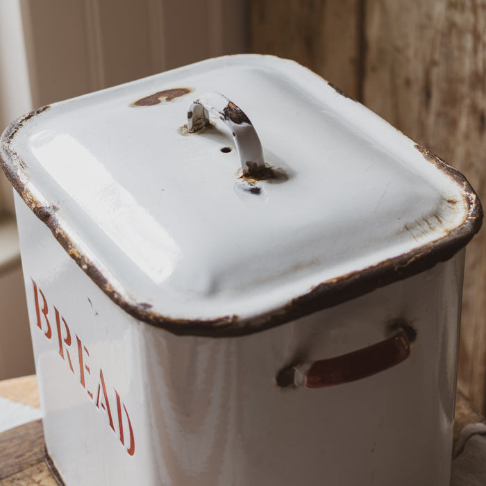 Vintage Large Rectangular White & Red Enamel Bread Bin
